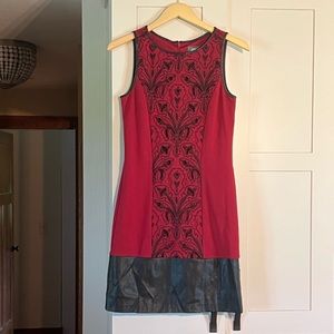 Vince Camuto lined red dress with leather bottom, detailed front stitching, sz 4
